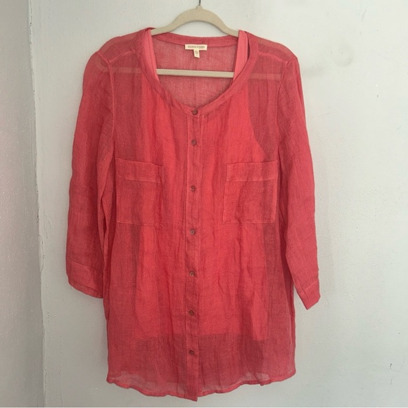 Eileen Fisher linen Pink Button Down Blouse with Mandarin Collar w/ tank - Picture 1 of 5